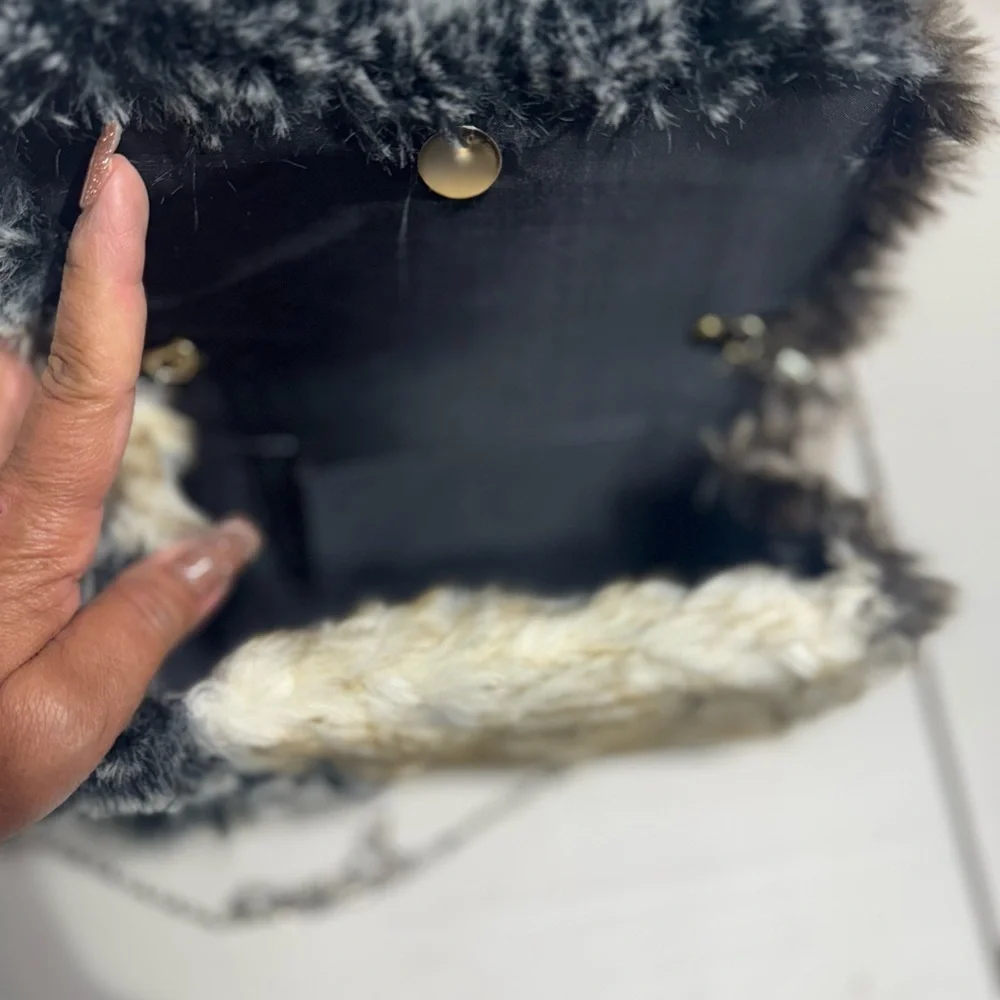 Faux Fur Clutch Bag With Chain Strap Gray White Black Plush Evening Purse